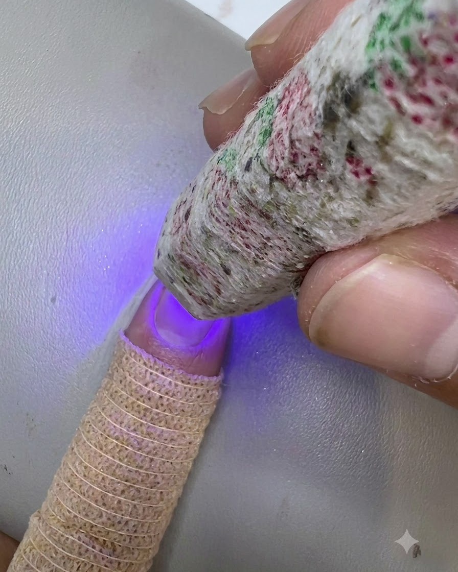 Eine Mini-UV-LED-Lampe härtet den Top-Coat auf einem fertigen dekorativen Nagel aus.