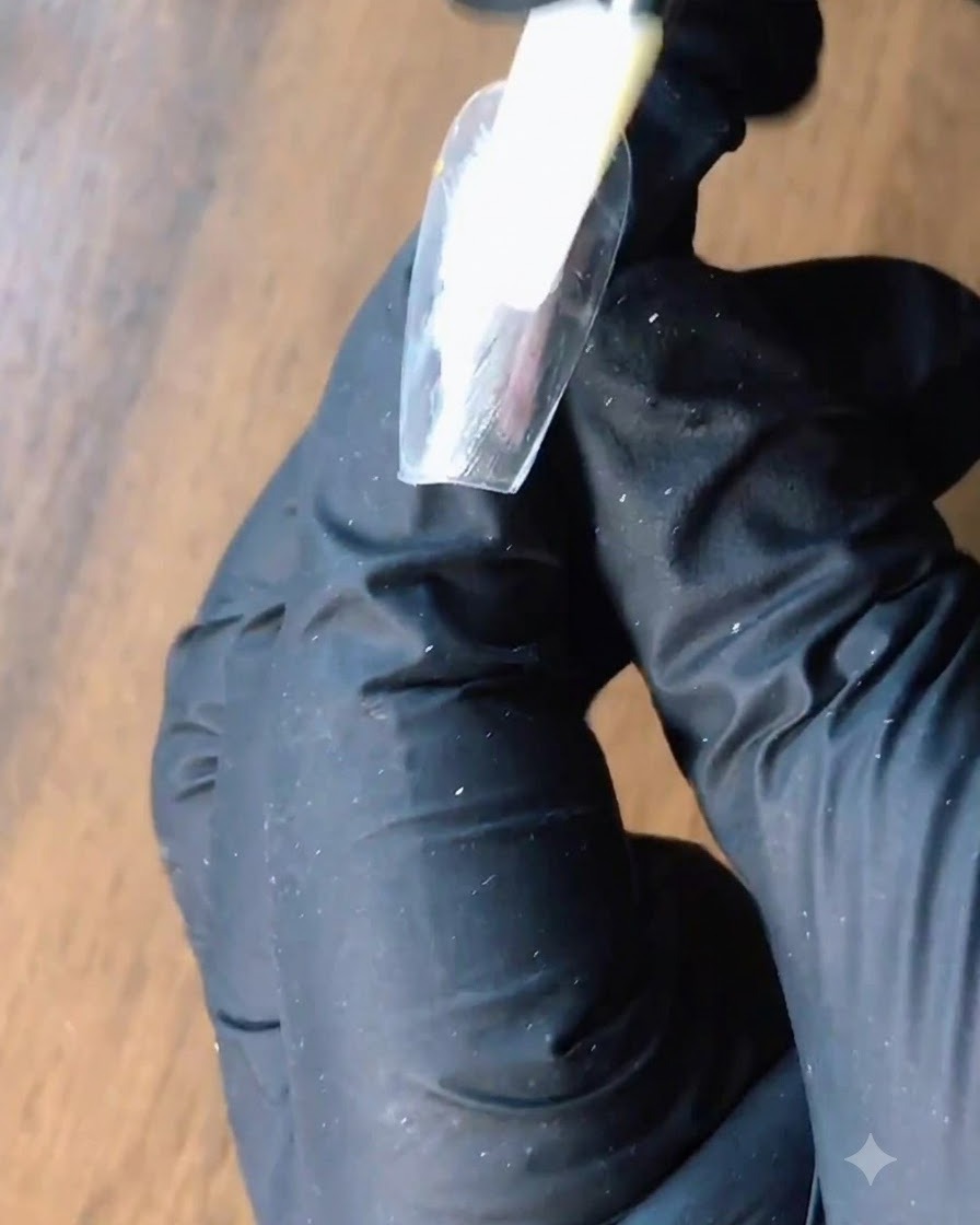 Ein Lidschatten-Schwammapplikator tupft silbernes Puder auf einen Nagel.