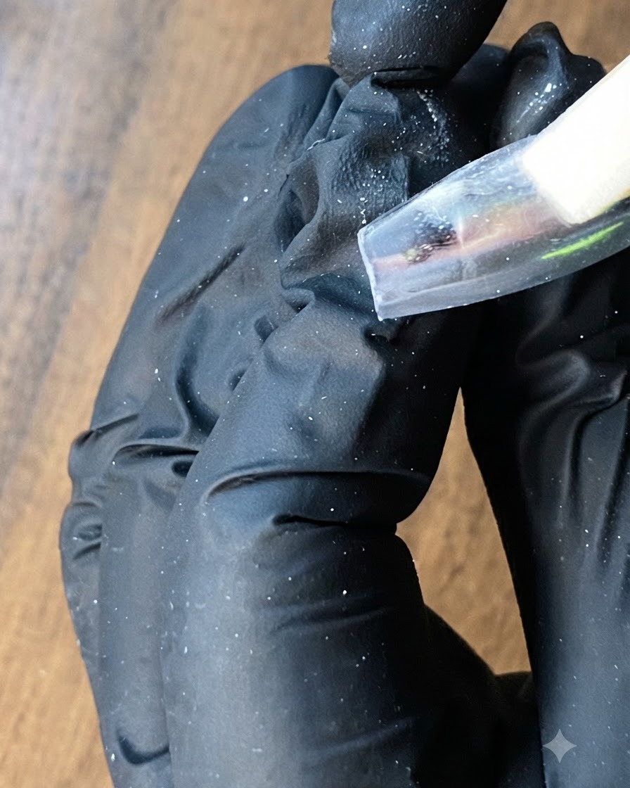 Eine Nahaufnahme eines Schwamms, der silbernes Puder auf eine Nageloberfläche drückt.