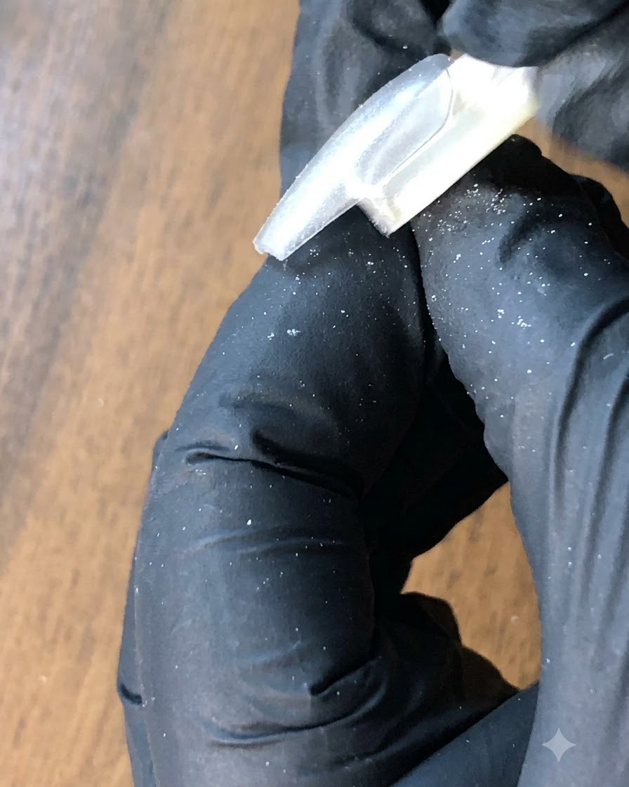Eine Staubbürste entfernt loses silbernes Puder von einem Nagel.