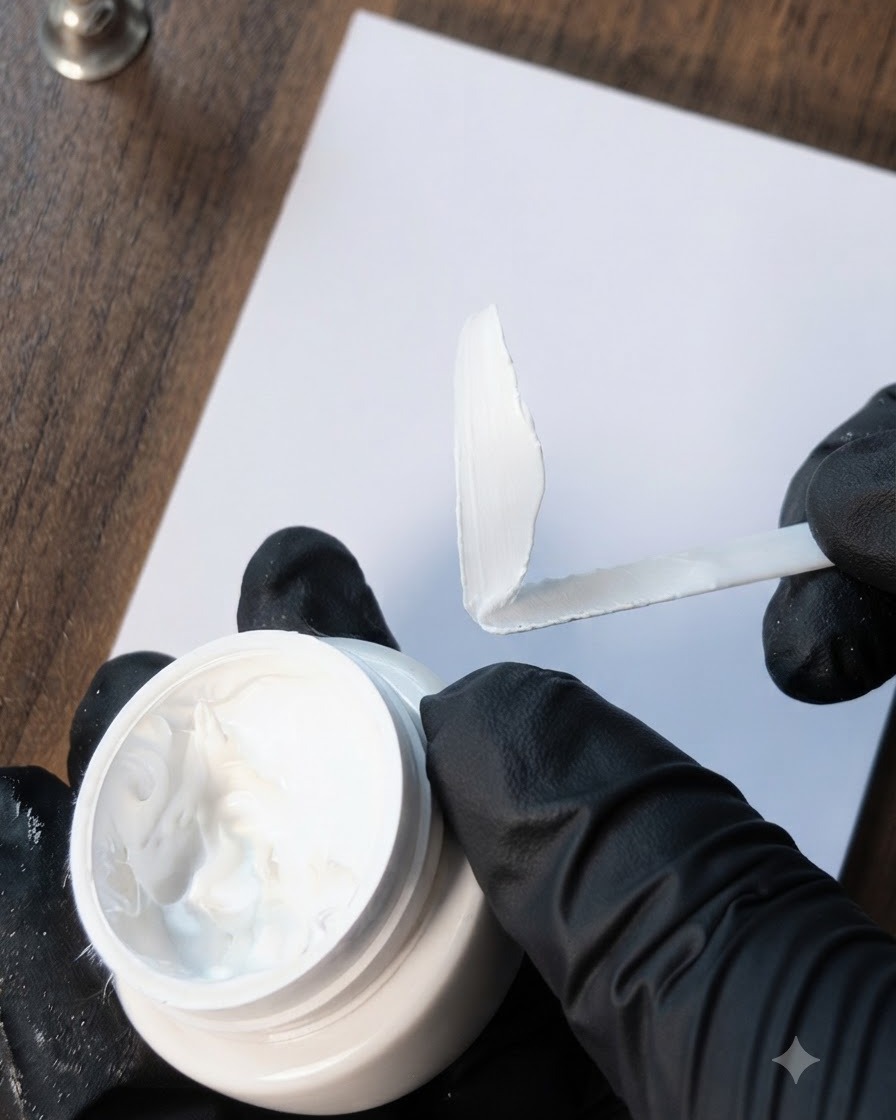 Eine handgeschützte Hand mit einem Spatel verteilt und tupft weißes Malgel auf eine saubere weiße Mischpalette.