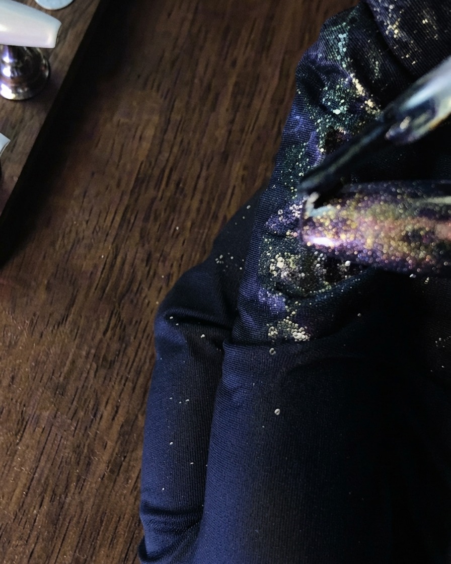 Ein Nagelpinsel trägt einen klaren Top Coat auf ein fertiges Silber-Weiß-Farbverlaufs-Nageldesign auf.
