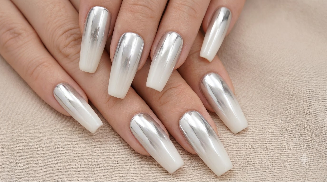 Ein fertiges Set langer coffin-förmiger Press-on-Nails mit einem markanten silbernen Chrom- bis milchweißen Farbverlauf.