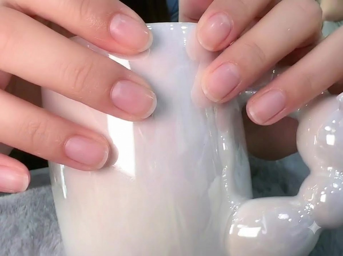 Nahaufnahme von Fingern, die eine weiße Tasse halten, wobei einzelne Strasssteine nahe der Nagelhaut platziert wurden.
