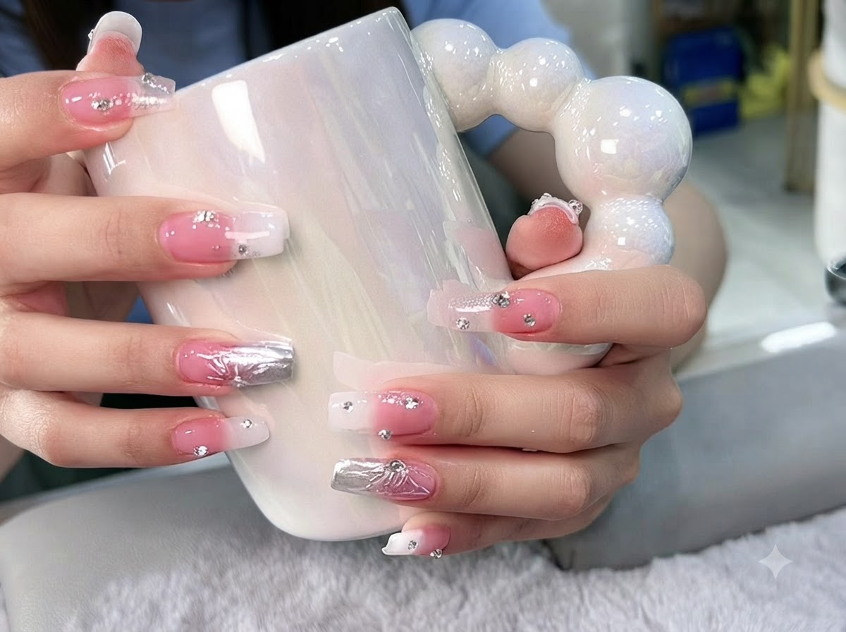 Hände ruhen auf dem Henkel einer weißen Tasse und zeigen gleichmäßige Farbverläufe und Kristall-Nageldesigns.