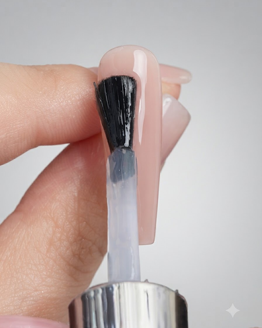 Ein Pinsel trägt eine klare Schicht Versiegelungsgel auf eine nude gel-farbene Nagelverlängerung auf.