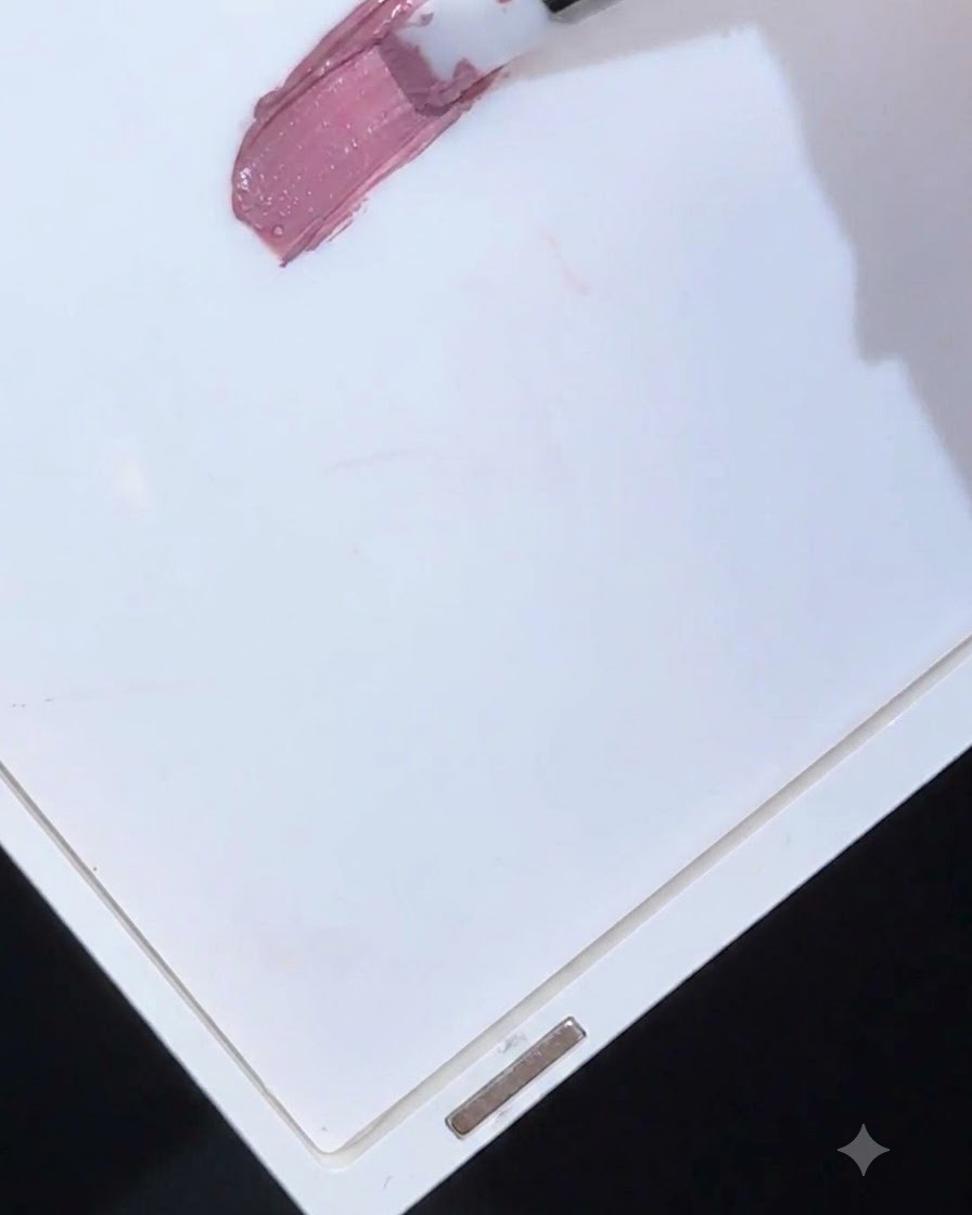 Ein Pinsel verteilt malvenfarbenes Patting-Gel auf einer weißen Plastikpalette.