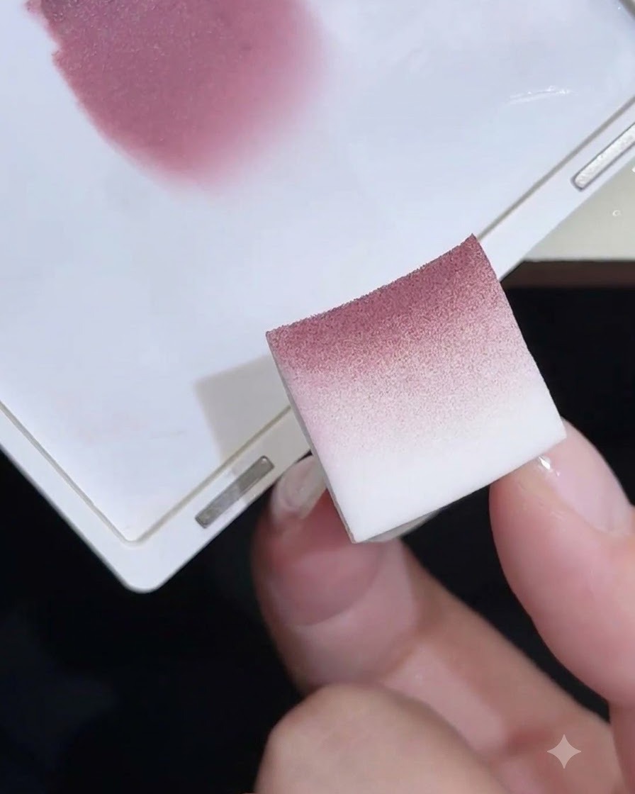 Ein Schaumstoffschwamm zeigt eine weiche rosa Farbverlaufs-Puder- und Gel-Textur, nachdem er auf einer Palette bearbeitet wurde.