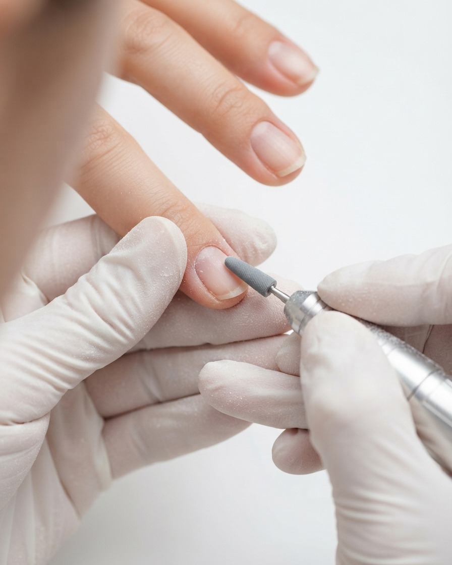 Ein Schleifband eines Fräsers, das vorsichtig die Nagelhaut eines Fingernagels feilt.