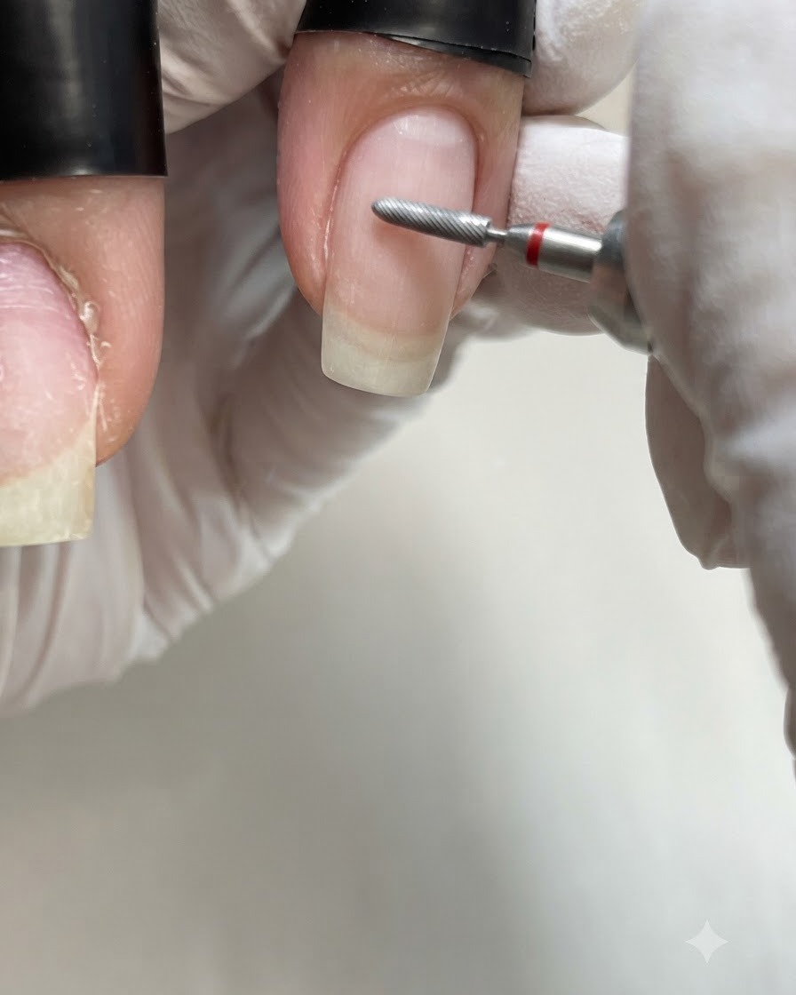 Ein dünner Flammen-Diamantbit hebt die Nagelhaut auf der linken Seite des Nagels an.