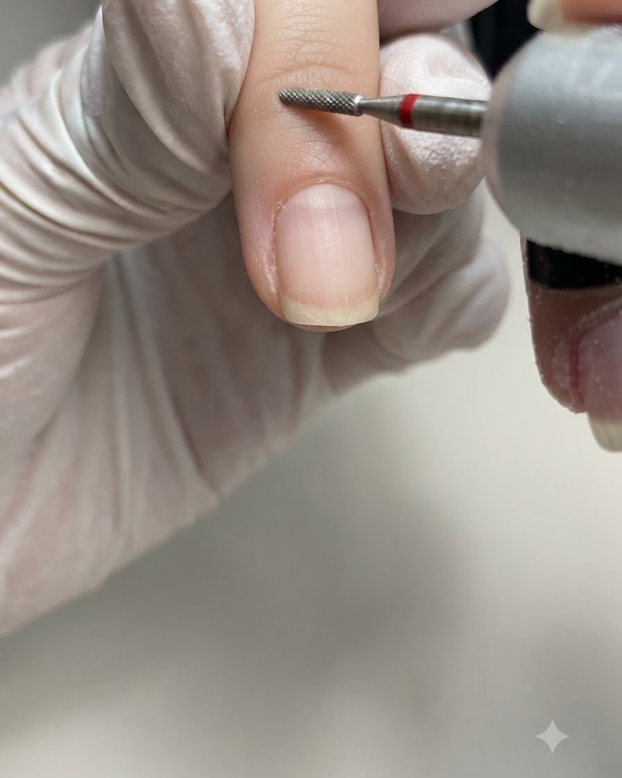Eine behandschuhte Hand reinigt mit einem kleinen Flammen-Diamantbit vorsichtig die rechte Seite der Nagelhauttasche eines Naturnagels.