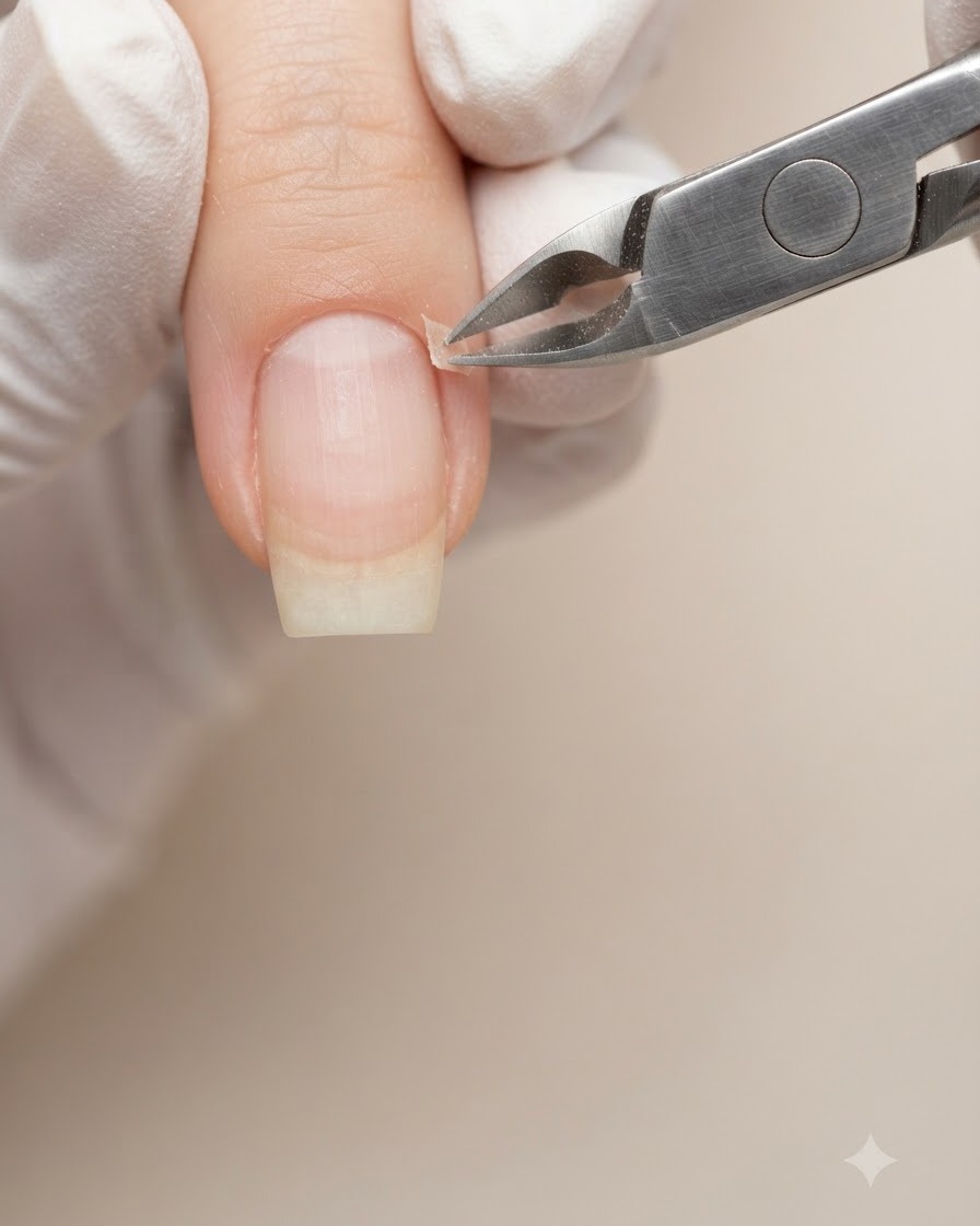 Eine Nagelhautzange entfernt das Band abgestorbener Haut entlang des oberen Nagelbogens.
