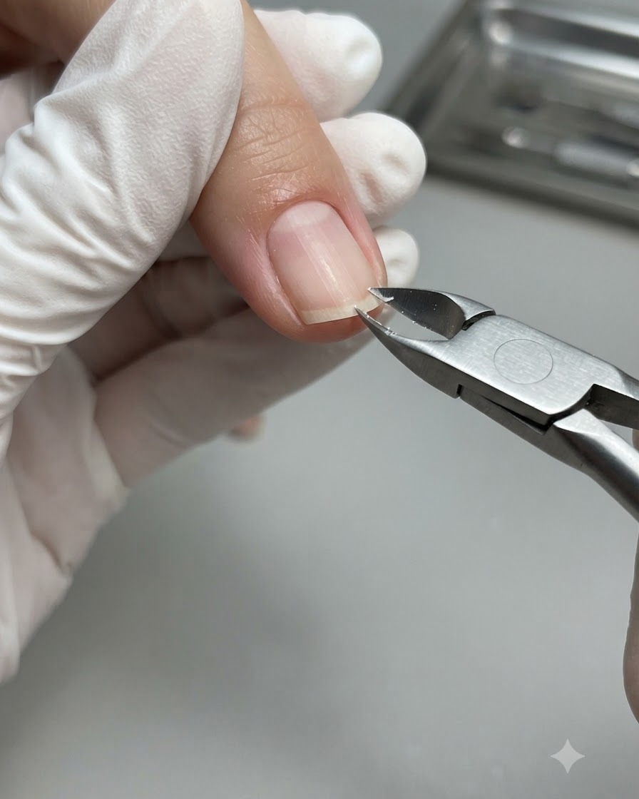 Eine Hand mit Handschuh schneidet mit einer scharfen Zange die trockene Haut an der rechten Seite der Nagelhautlinie.