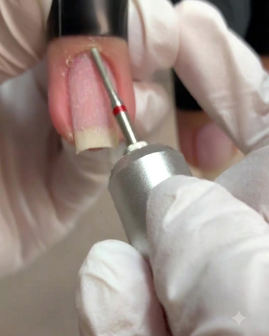 Eine behandschuhte Hand glättet mit einem dünnen Mikro-Bit trockene Haut an den seitlichen Nagelfalten.