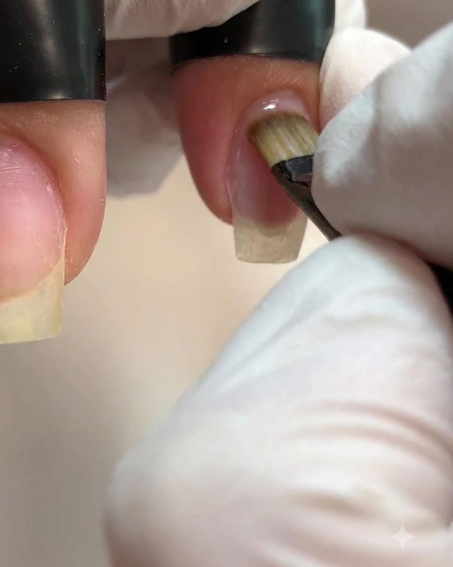 Ein Pinsel trägt klares Basis-Gel auf eine Naturnagelplatte auf.
