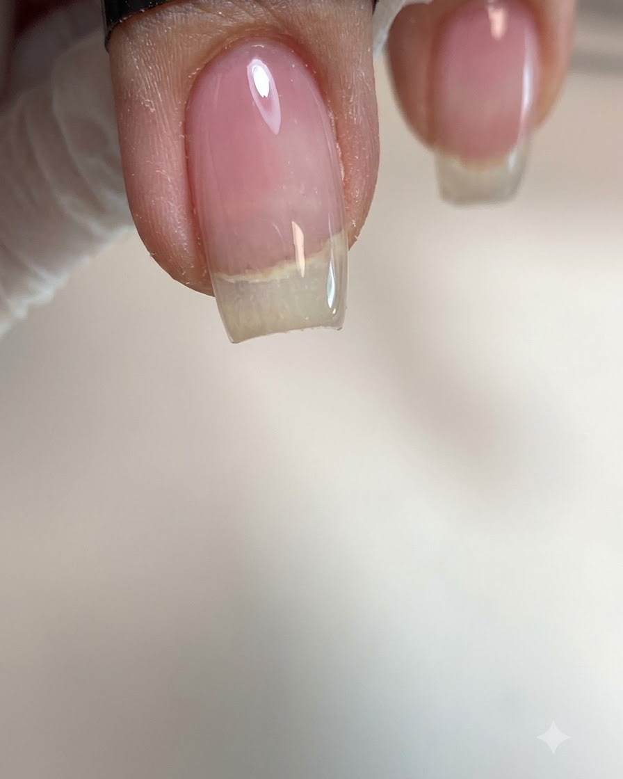 Nahaufnahme eines Nagels mit einer dicken Perle aus klarem Aufbau-Gel in der Mitte.
