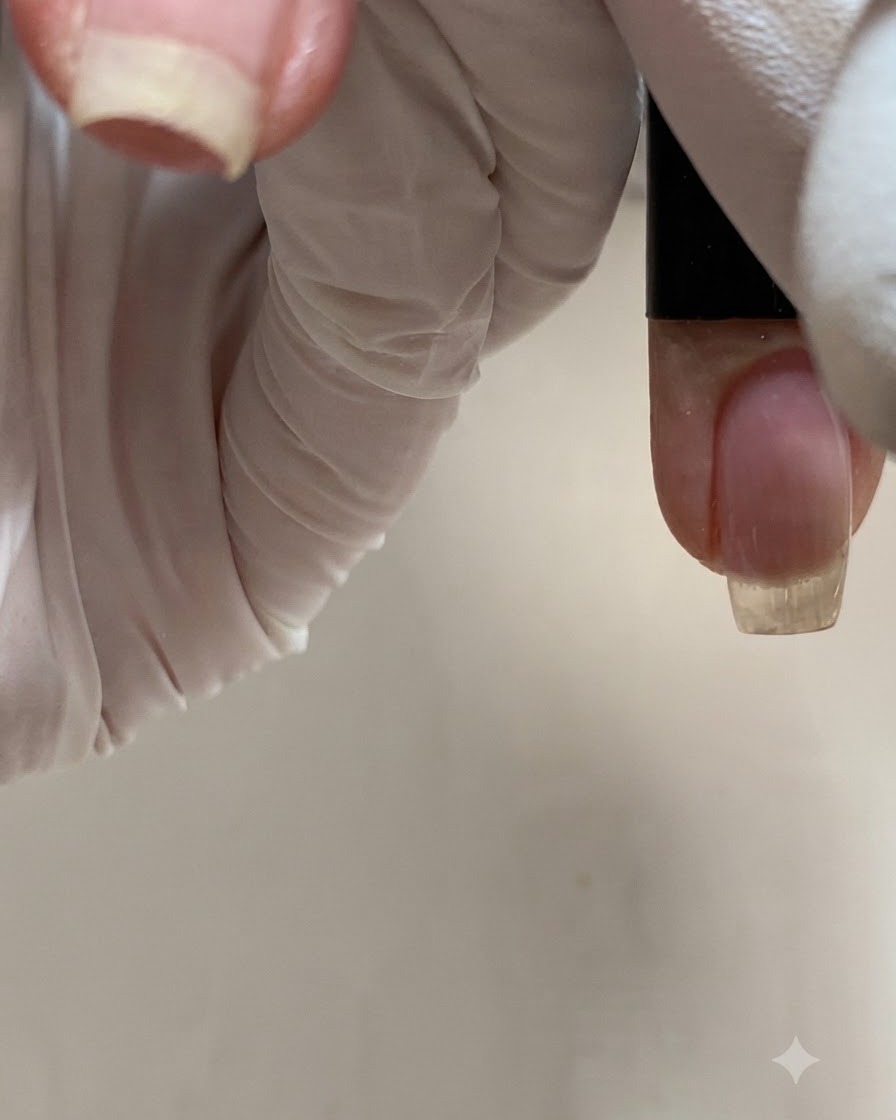 Eine behandschuhte Hand hält einen Finger ruhig unter einer Aushärtungslampe.