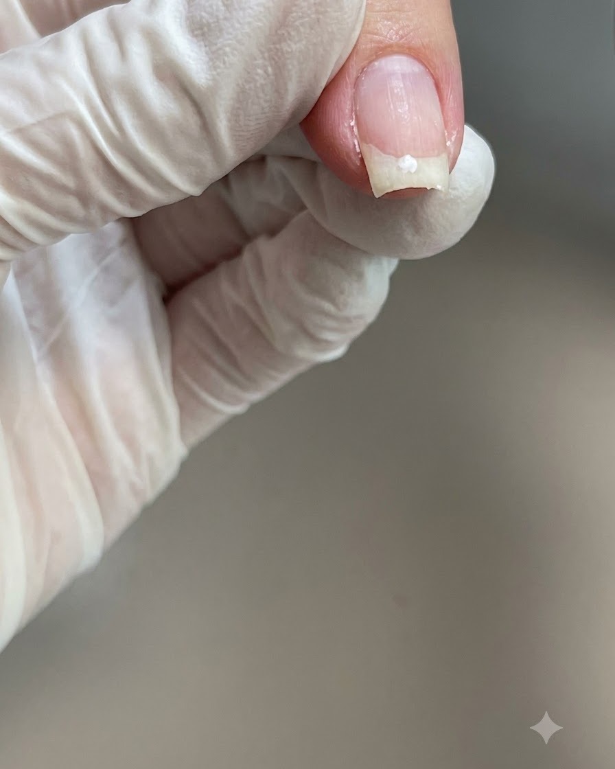 Ein Finger mit einem fusselfreien Pad wischt über einen ausgehärteten Nagel.