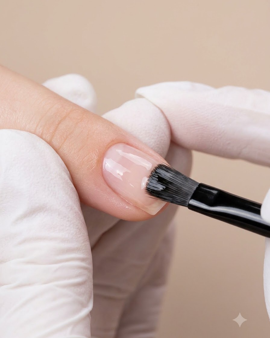 Ein Nagellackpinsel verteilt nudefarbenes Pink-Gel an den Seiten eines Fingernagels.