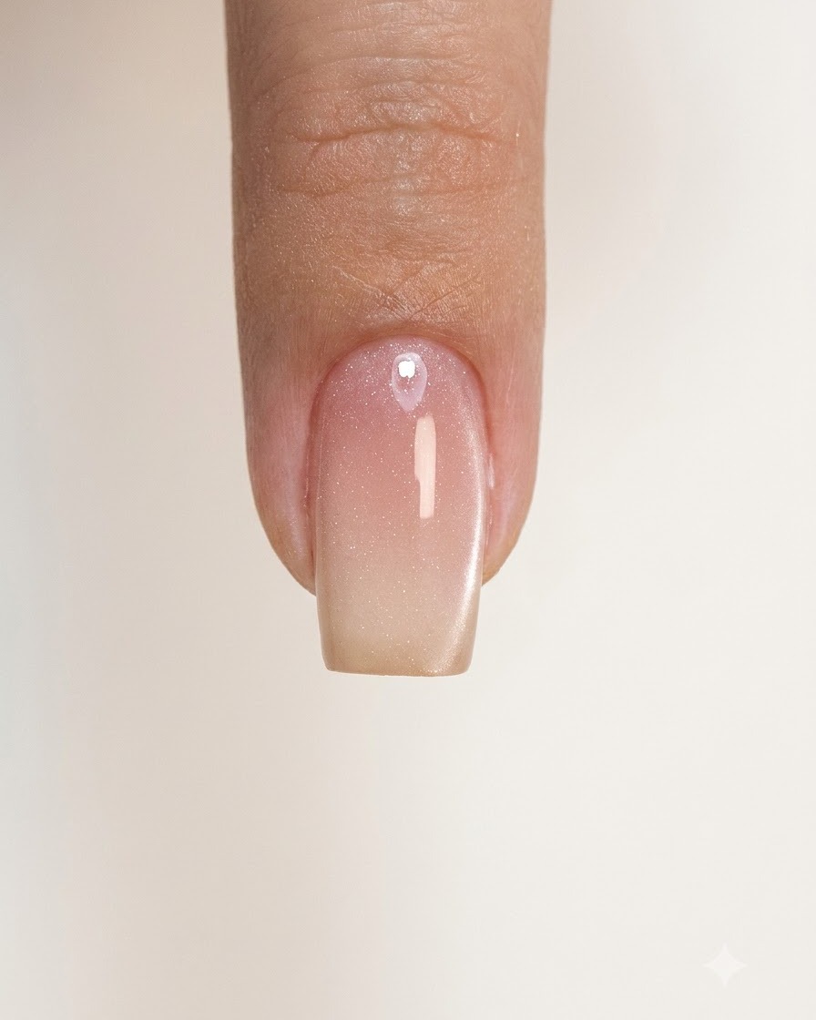 Ein einzelner Fingernagel mit ausgehärtetem, transparentem Nude-Pink-Finish.