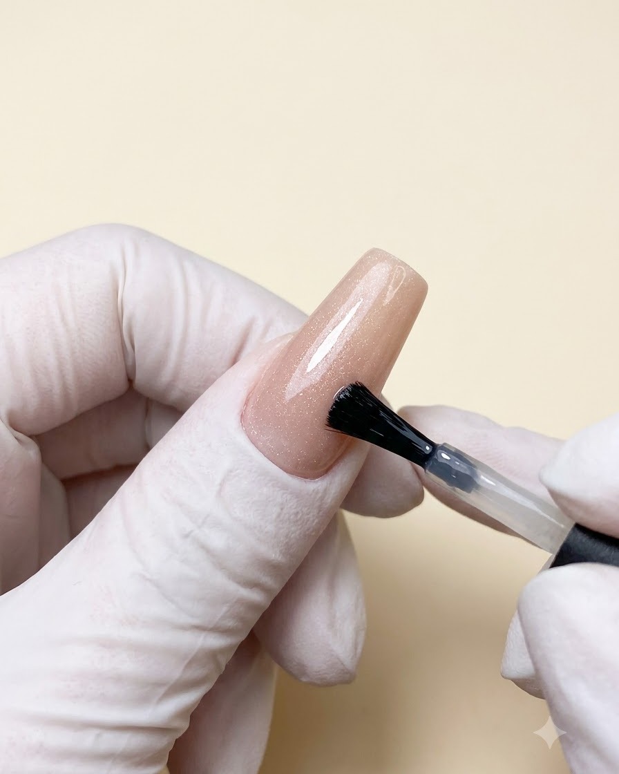 Ein Pinsel trägt silbernen Cat-Eye-Gellack über einer Nude-Basis auf.