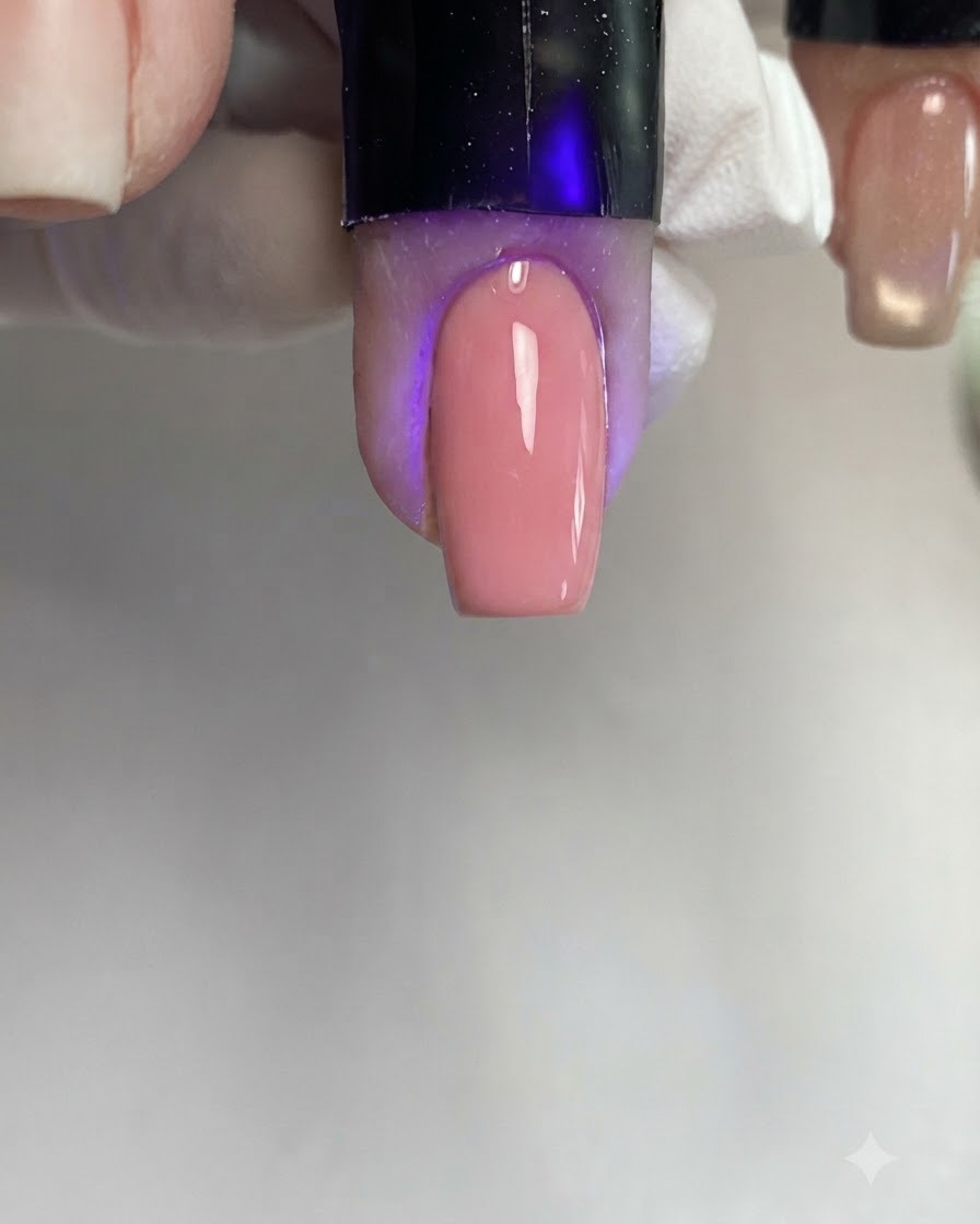 Ein Pinsel verteilt Cat-Eye-Gel gleichmäßig auf einem eckigen Nagel.