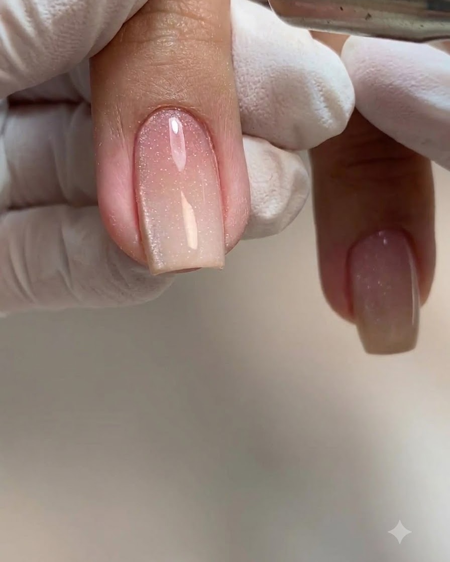 Ein feiner Liner-Pinsel korrigiert nassen Gellack nahe der Nagelhaut.