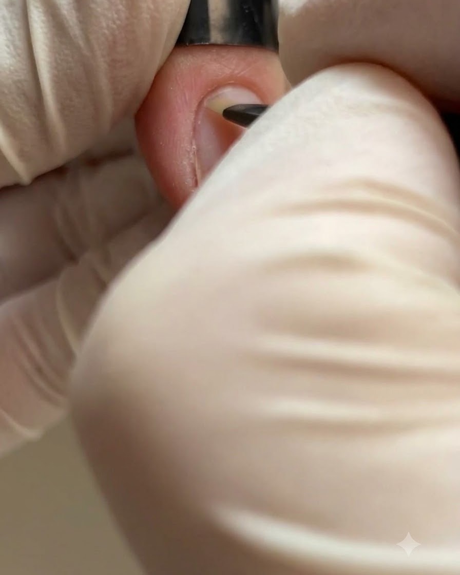 Ein kleiner Zylindermagnet wird vertikal nahe an die Kante eines Cat-Eye-Nagels gehalten.