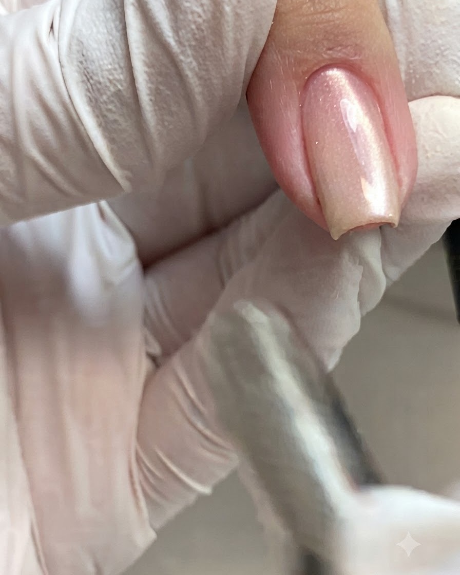 Eine Hand richtet ein Werkzeug an einem schimmernden Cat-Eye-Nagel aus, um die Lichtreflexion zu perfektionieren.