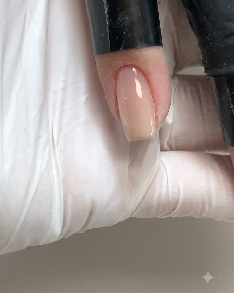 Ein Finger mit einem fertigen, glänzenden Nude-Gelnagel wird unter eine pinke UV/LED-Lampe gelegt.
