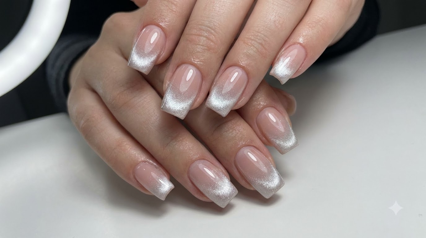 Nude Pink mit silbernem Cat-Eye-Verlauf — Schritt-für-Schritt-Anleitung