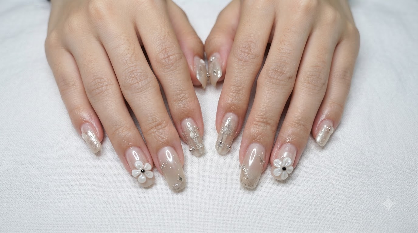 Pearl White Milky Gradient und Perlen-Akzente Nageldesign Anleitung
