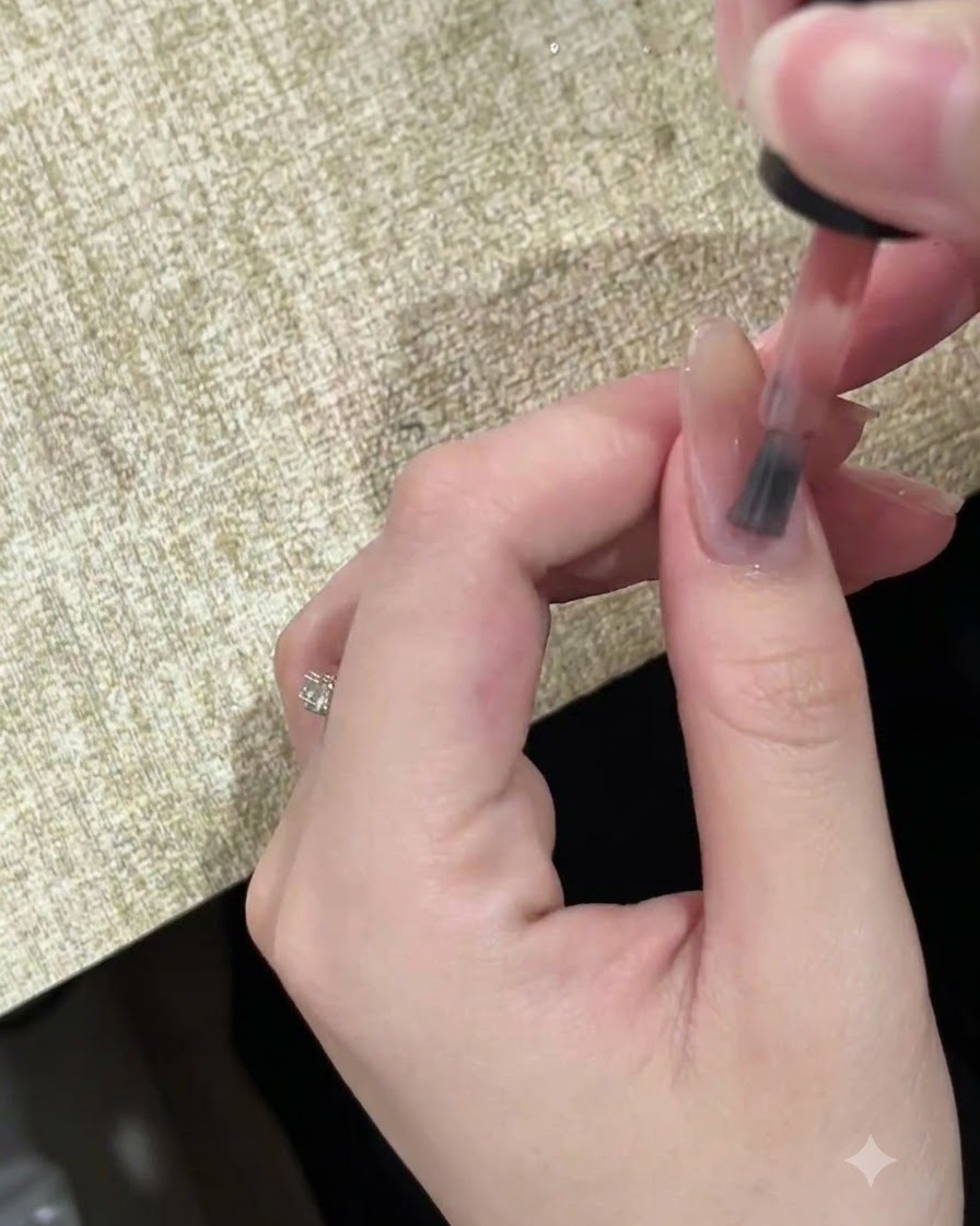 Eine Nahaufnahme eines Pinsels, der ein transparentes Nude-Gel-Polish auf einen Naturnagel aufträgt.