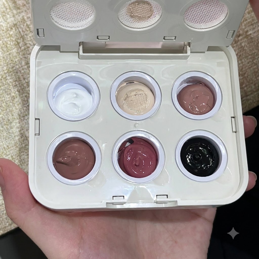 Eine Person hält eine offene Palette mit sechs Solid-Gel-Farben, darunter Weiß, Rosa, Rot und Schwarz.