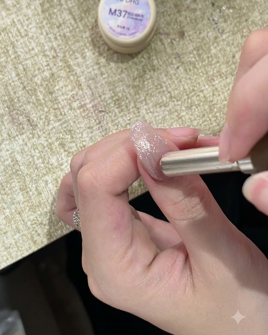 Ein zylindrischer Magnet wird in der Nähe der Nagelhaut eines glitzernd lackierten Nagels gehalten und lenkt den Magnetschimmer nach oben.