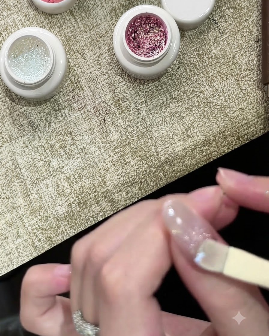 Eine Hand härtet die weiße, glitzernde Bubble-Gel-Schicht unter einer Nagellampe aus.