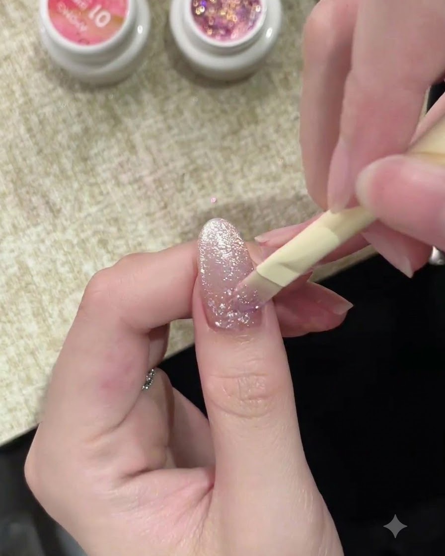 Ein Nagelpinsel trägt zart ein transparentes Rosé-Gel über der strukturierten Bubble-Nagelbasis auf.