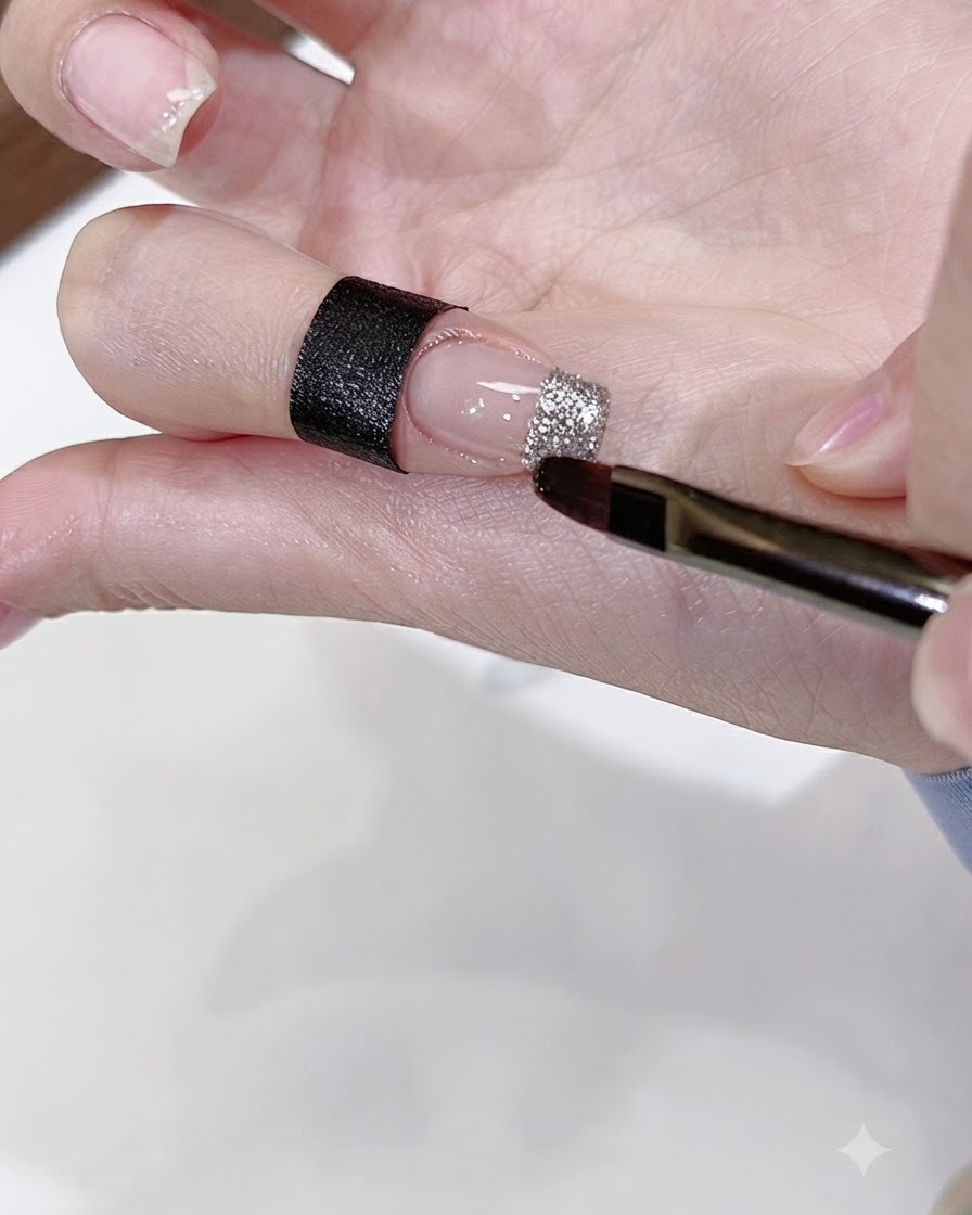 Ein flacher Nagelpinsel trägt silbernes Glitzer-Gel auf die Spitze eines nudefarbenen Fingernagels auf.