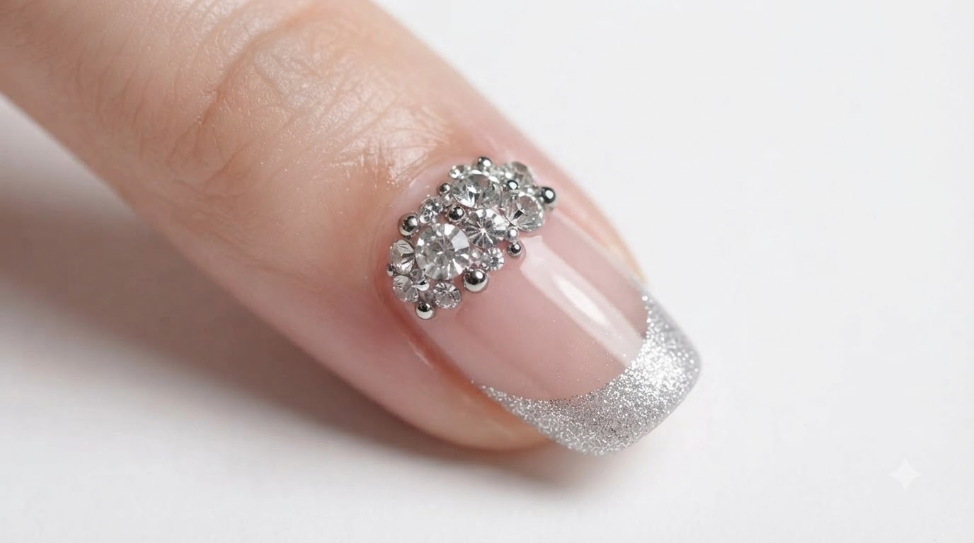 Silber Glitzer French Tip mit Strasssteinen — Schritt-für-Schritt Anleitung