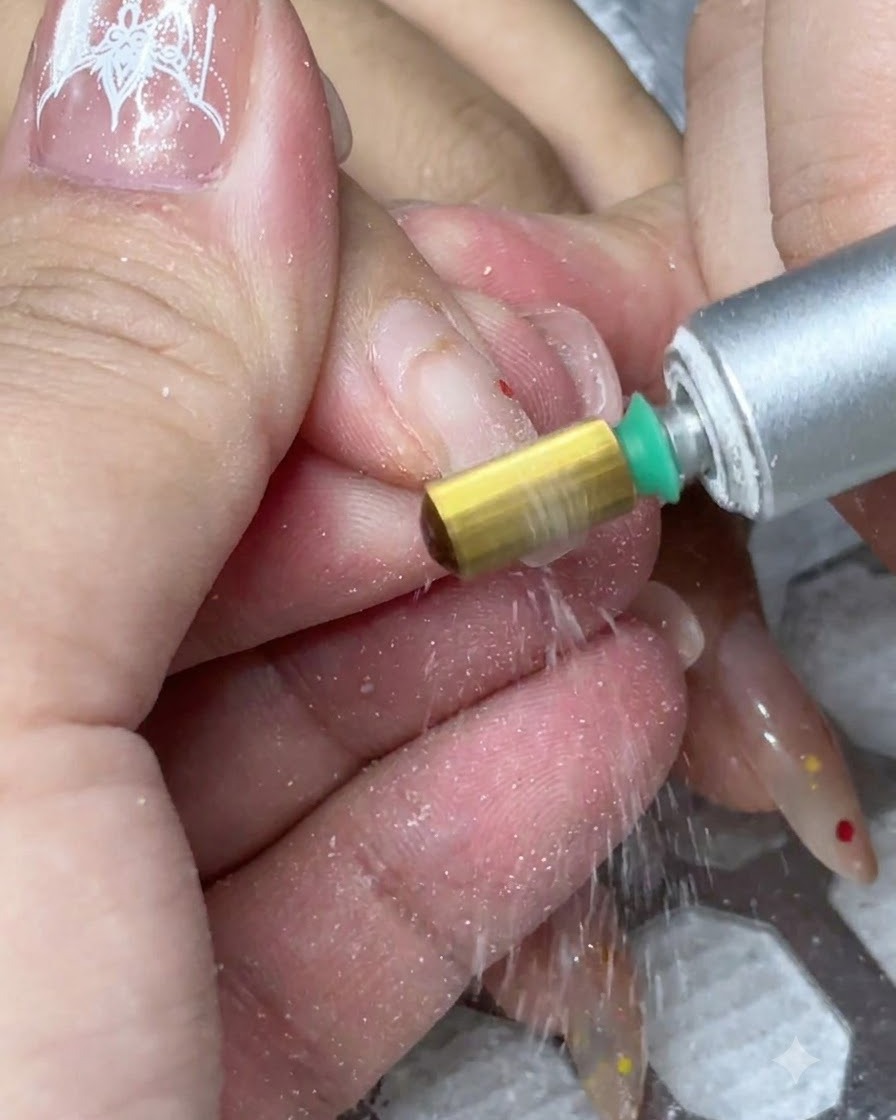 Eine elektrische Nagelfeile mit einem Hartmetallaufsatz entfernt altes Gelprodukt von einem Naturnagel.