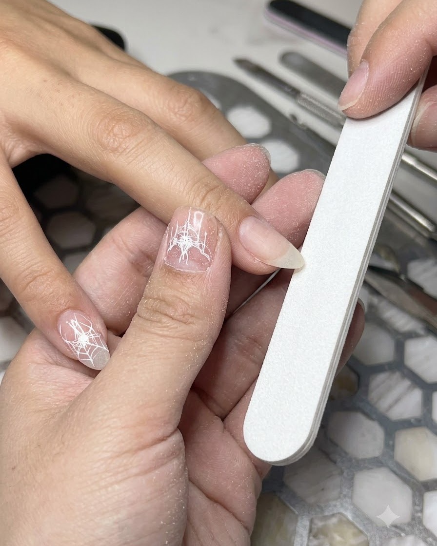Eine Hand hält eine Nagelfeile und formt die Nagelspitze eines Naturnagels in eine weiche Mandelform.