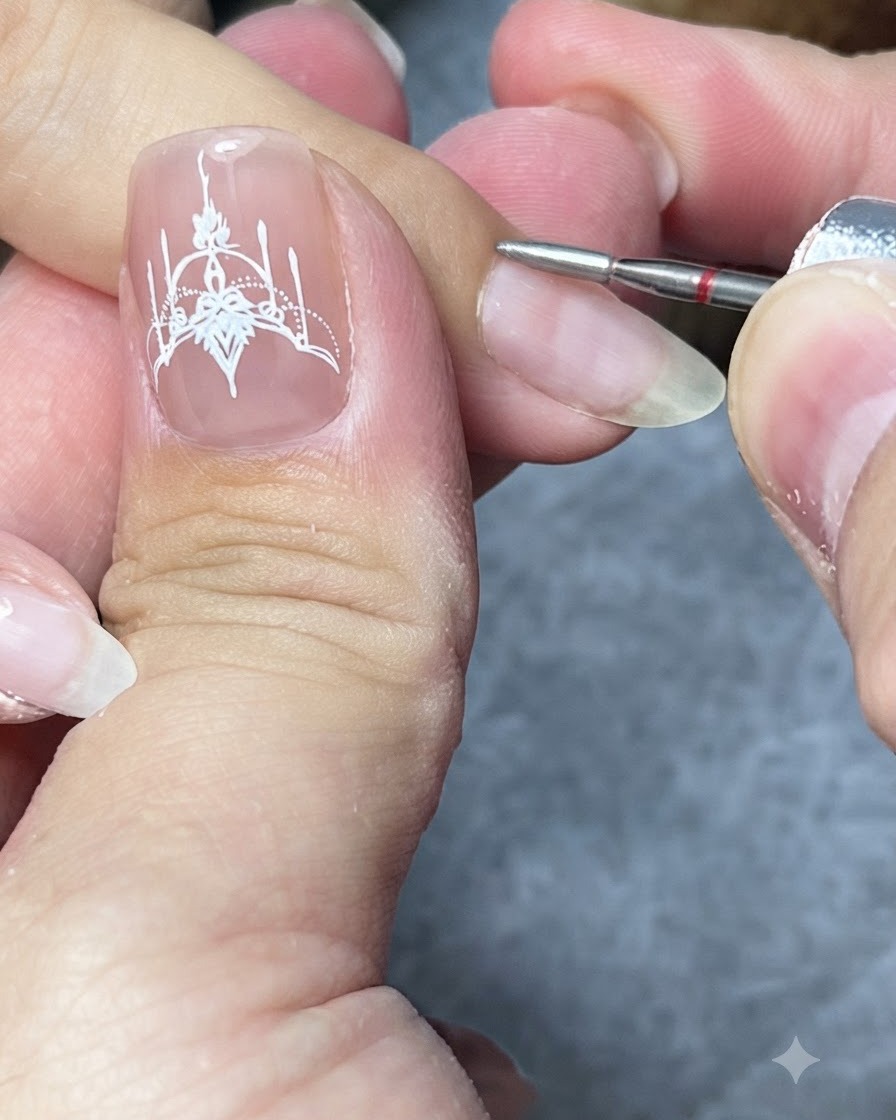 Ein elektrischer Nagelfräser mit einem kleinen Diamantbit reinigt die Nagelhauttasche eines Fingers.