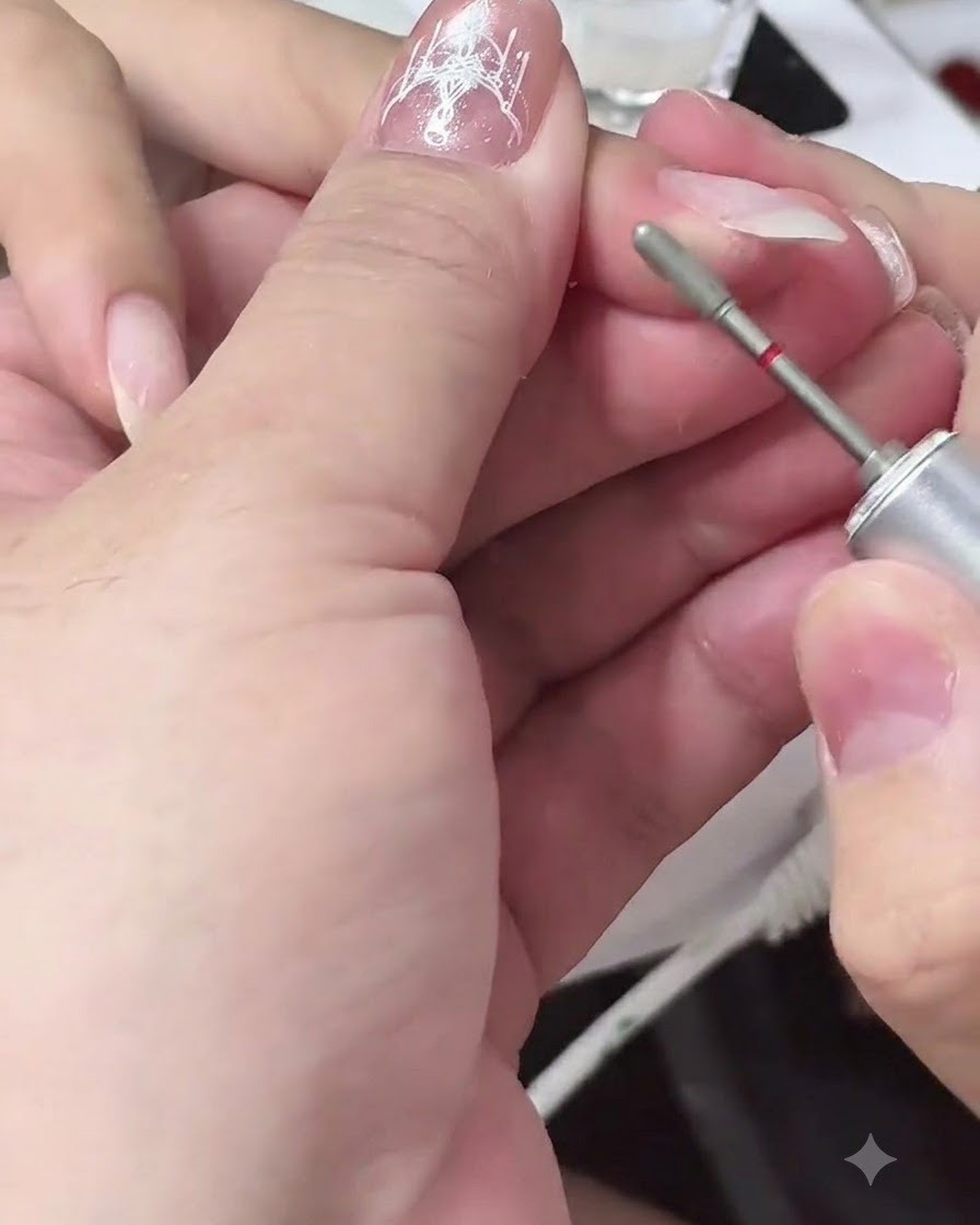 Ein Pinsel trägt klares Aufbaugel auf eine vorbereitete Nagelplatte auf, um Struktur aufzubauen.