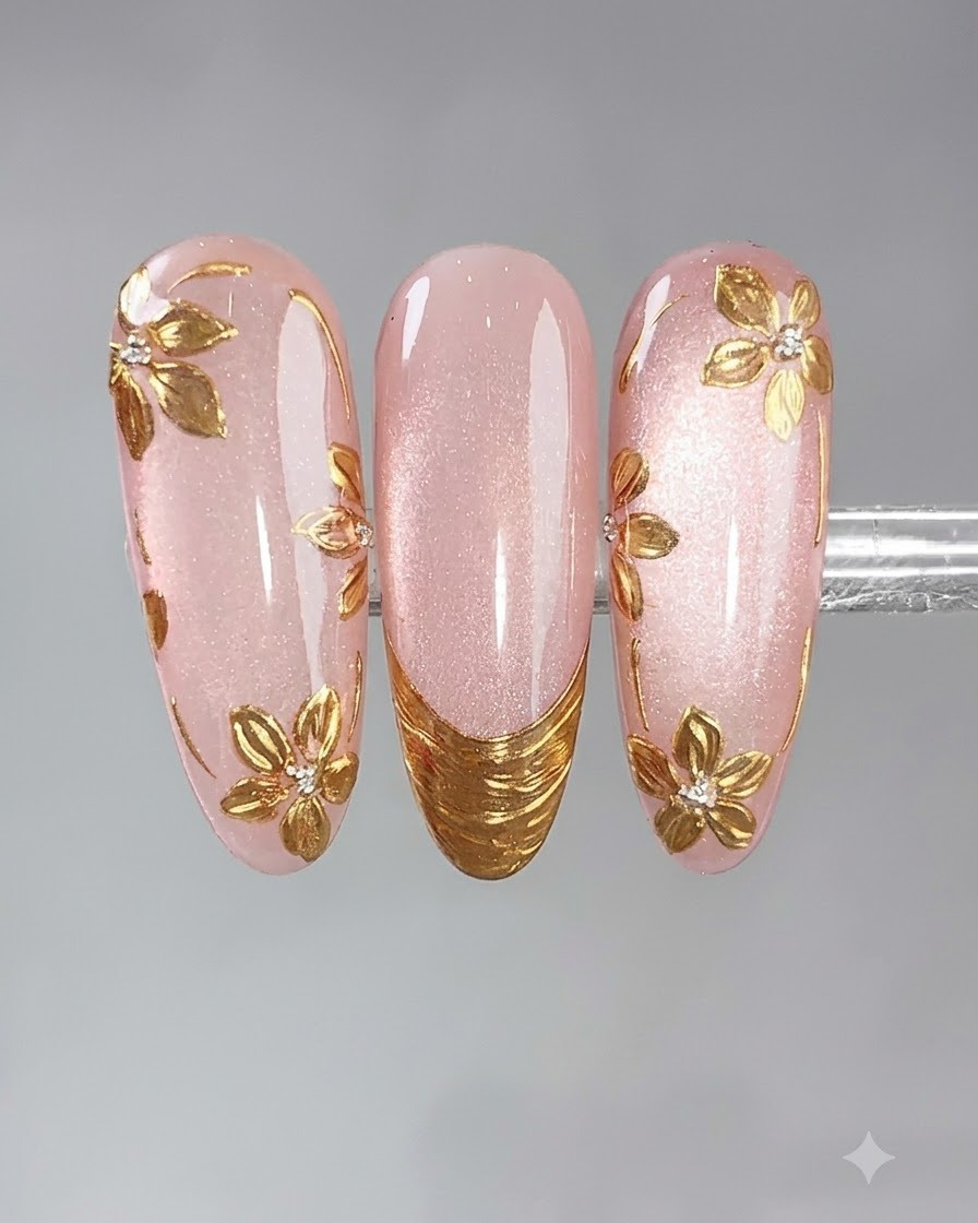 Ein Nail-Art-Pinsel, der einen glänzenden Top Coat über dekorierte Nägel gleitet.