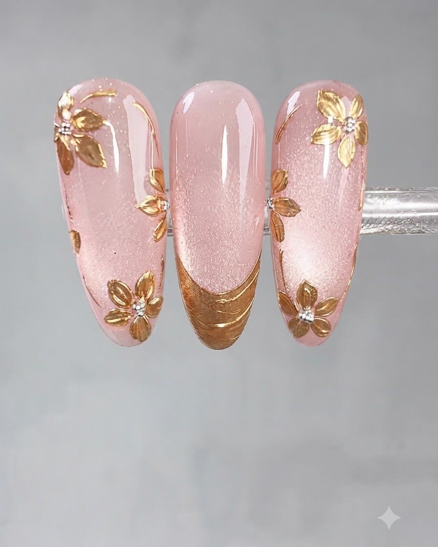 Ein Dotting-Tool, das Blumenblätter mit klarem klebrigen Gel auf einem rosa Nagel formt.