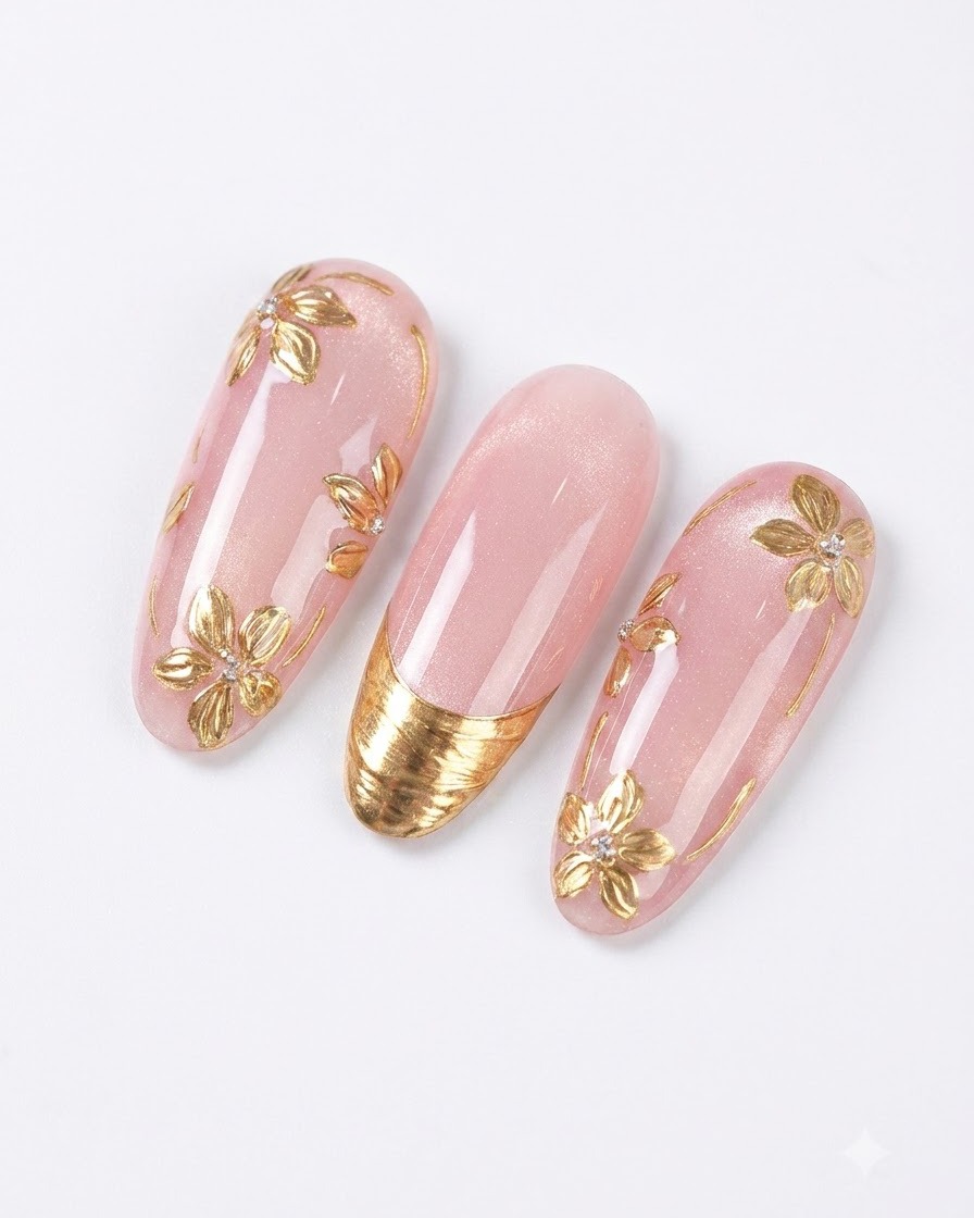 Ein Nagel mit mehreren handgezeichneten floralen Mustern und verbindenden Ranken aus klebrigem Kleber.