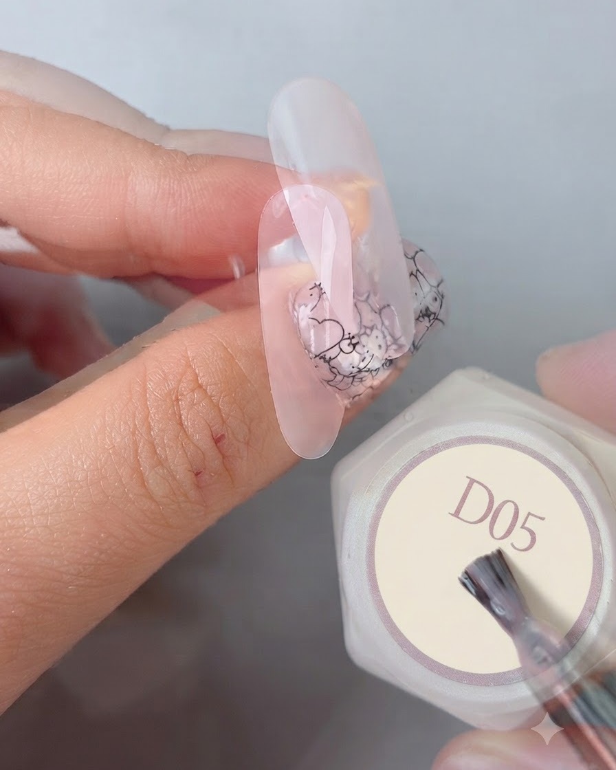 Ein Manikürepinsel, der einen finalen glänzenden glatten Top Coat über ein fertiges Nageldesign neben einer Gel-Flasche mit der Aufschrift D05 aufträgt.