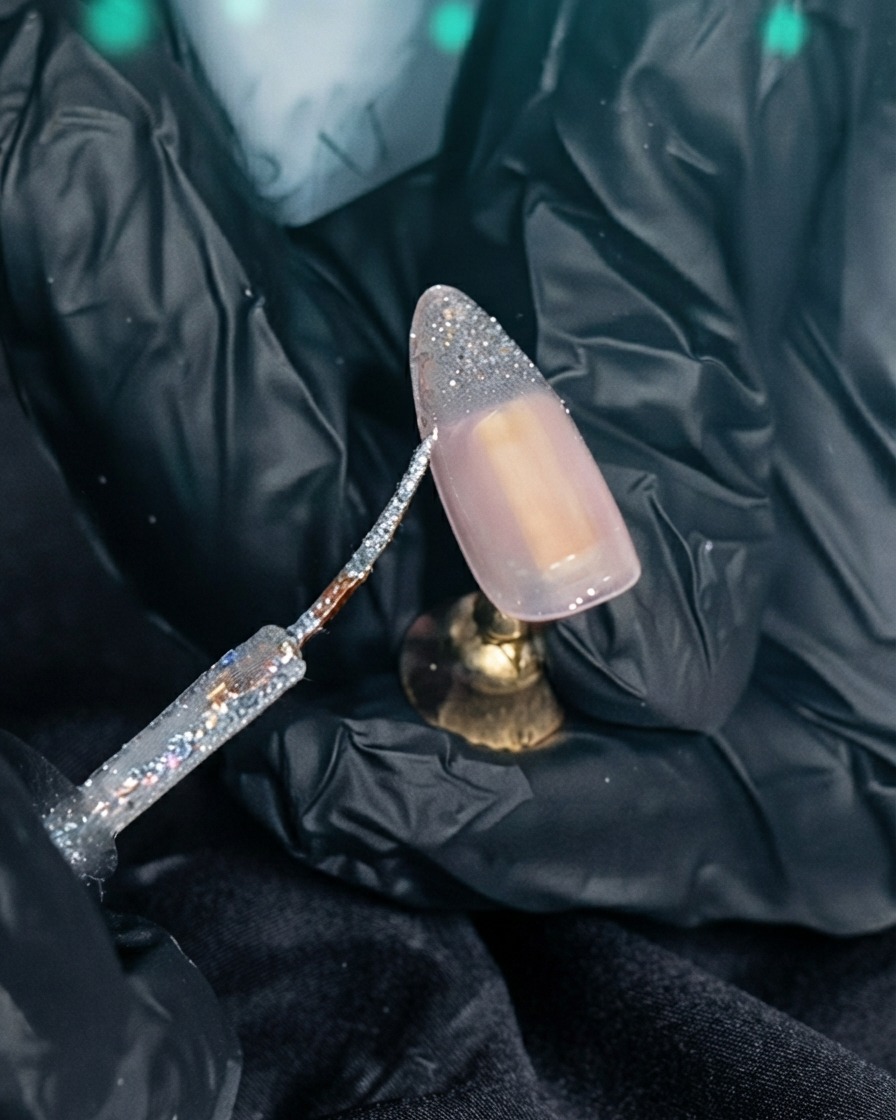 Ein Pinsel füllt den unteren Teil einer French-Spitze mit funkelndem Silbergel aus.