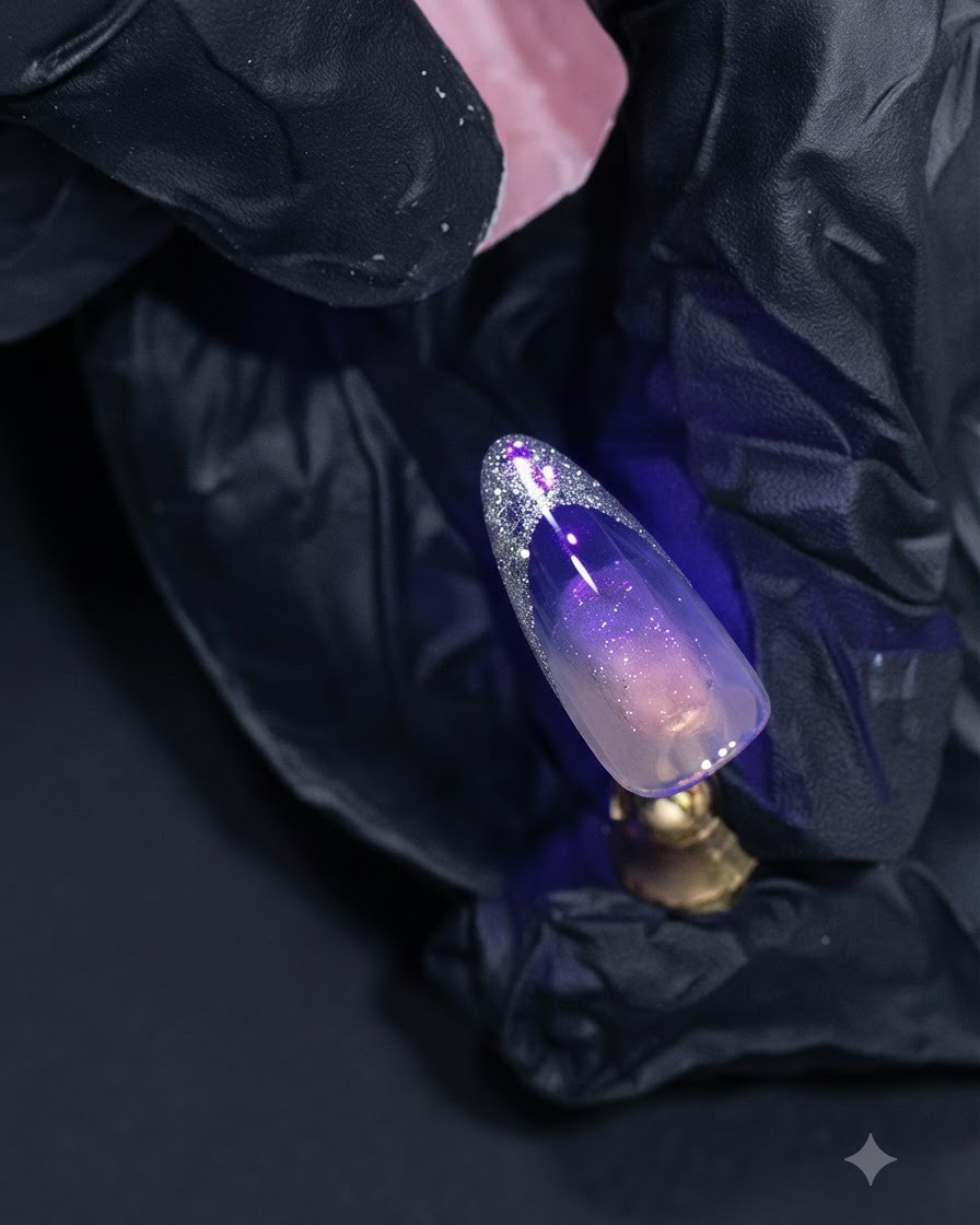 Ein Nagel härtet unter lila UV-Licht aus, wobei die silberne Platingel-French-Spitze hell strahlt.