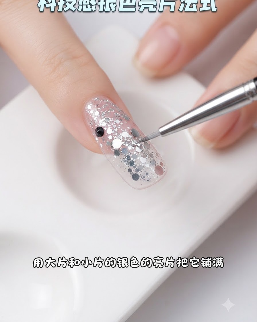 Ein feiner Nagelpinsel arrangiert kleine und große Silber-Glitterteile auf einer Nagel-French-Spitze.